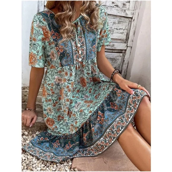 Boho Floral Print Butterfly Sleeve Dress - Picture 5 of 6